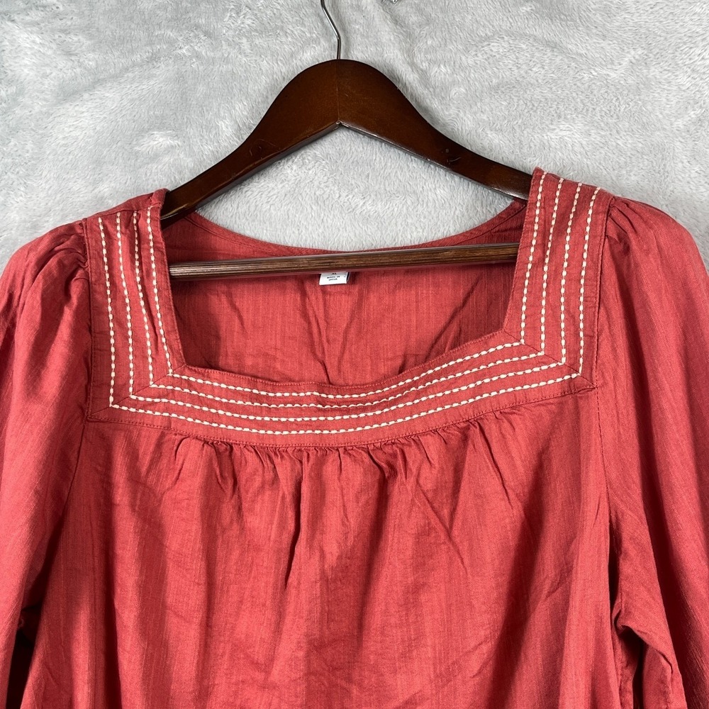 Old Navy Womens XL Embroidered Square Neck Top Red Sumac Cotton Boho Peasant - Picture 2 of 10